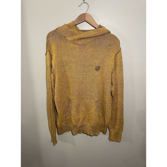 Parish Nation Hooded Sweater Men’s Large Cable Knit Kangaroo Pocket Mustard - Picture 2 of 6